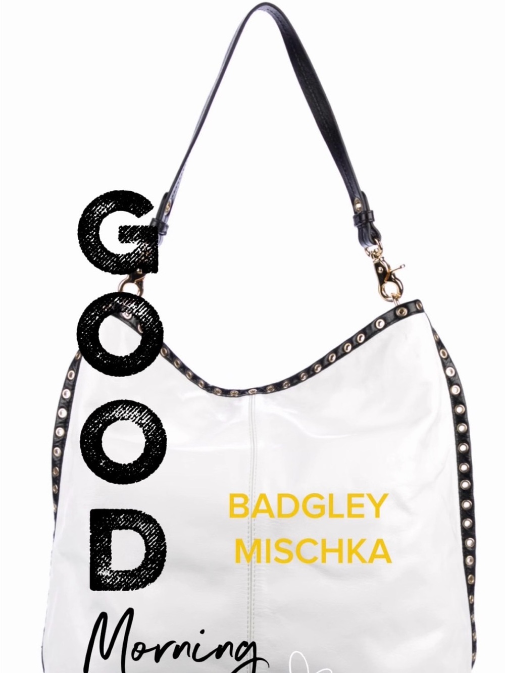 Badgley Mischka White Leather Shoulder Bag with Black Stud-Trim